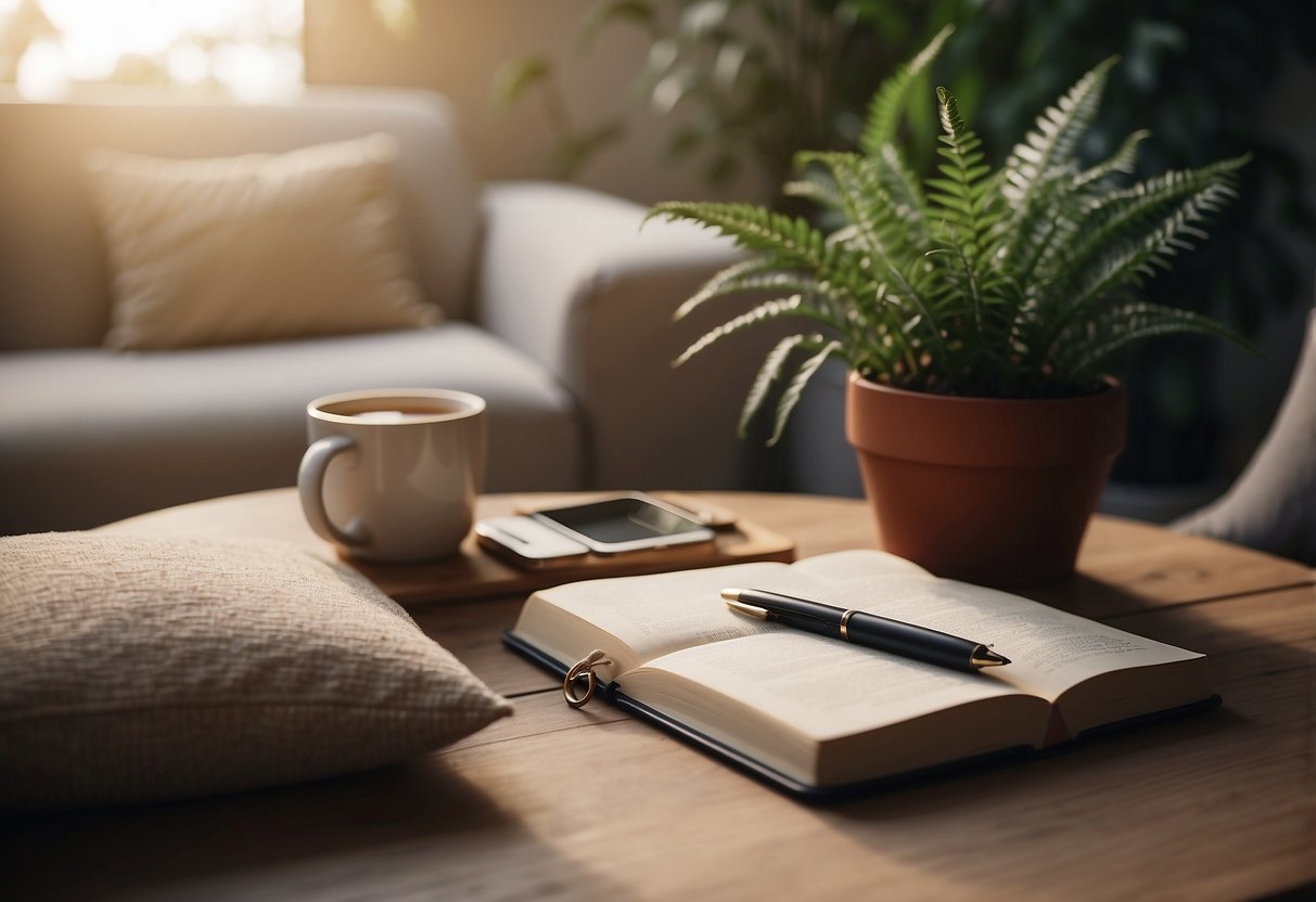 A serene setting with a cushion on the floor, surrounded by soft lighting and plants. A journal and pen sit nearby, inviting reflection and mindfulness