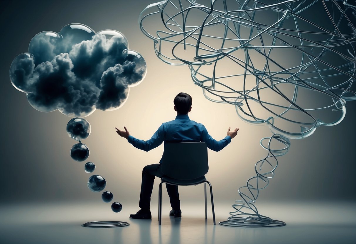 A person sitting in a chair, surrounded by tangled thought bubbles. Some bubbles are dark and stormy, while others are being untangled and transformed into positive patterns