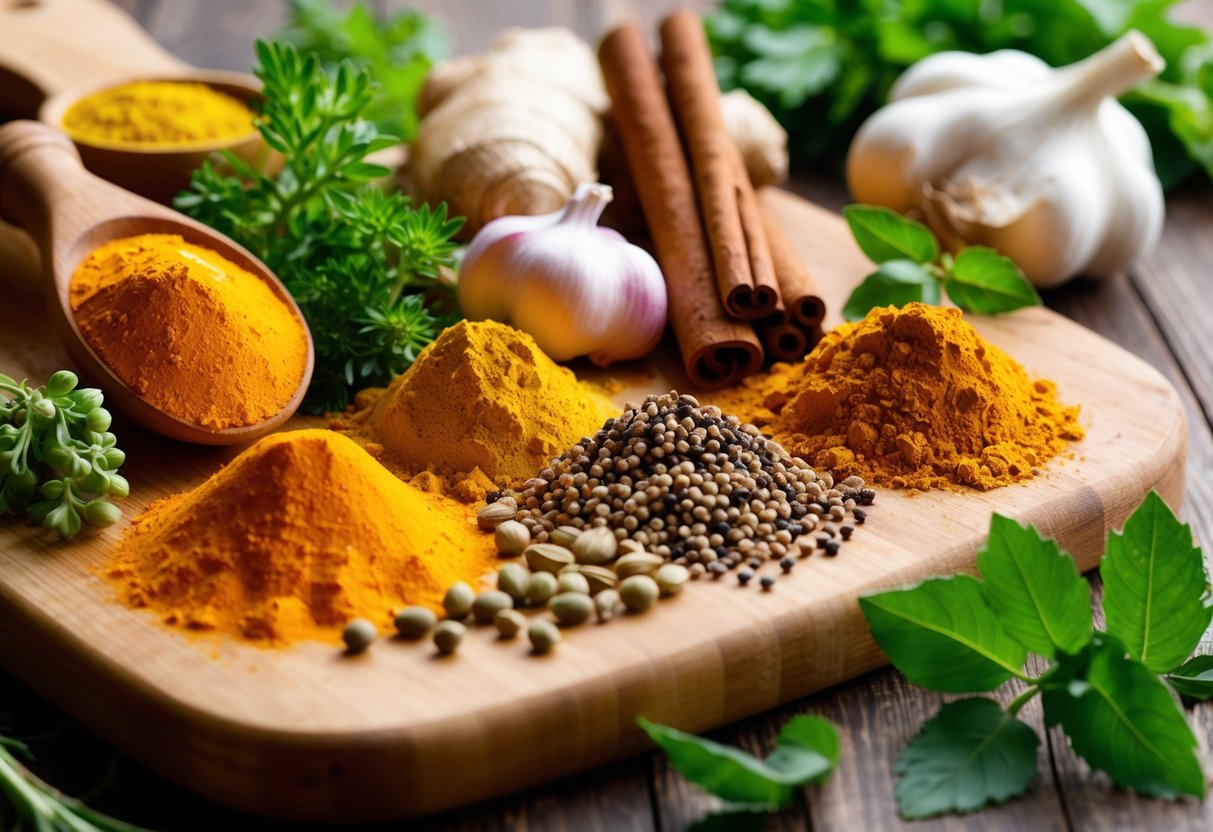 A variety of colorful herbs and spices arranged on a wooden cutting board, including turmeric, ginger, cinnamon, and garlic, with vibrant green leaves and aromatic seeds