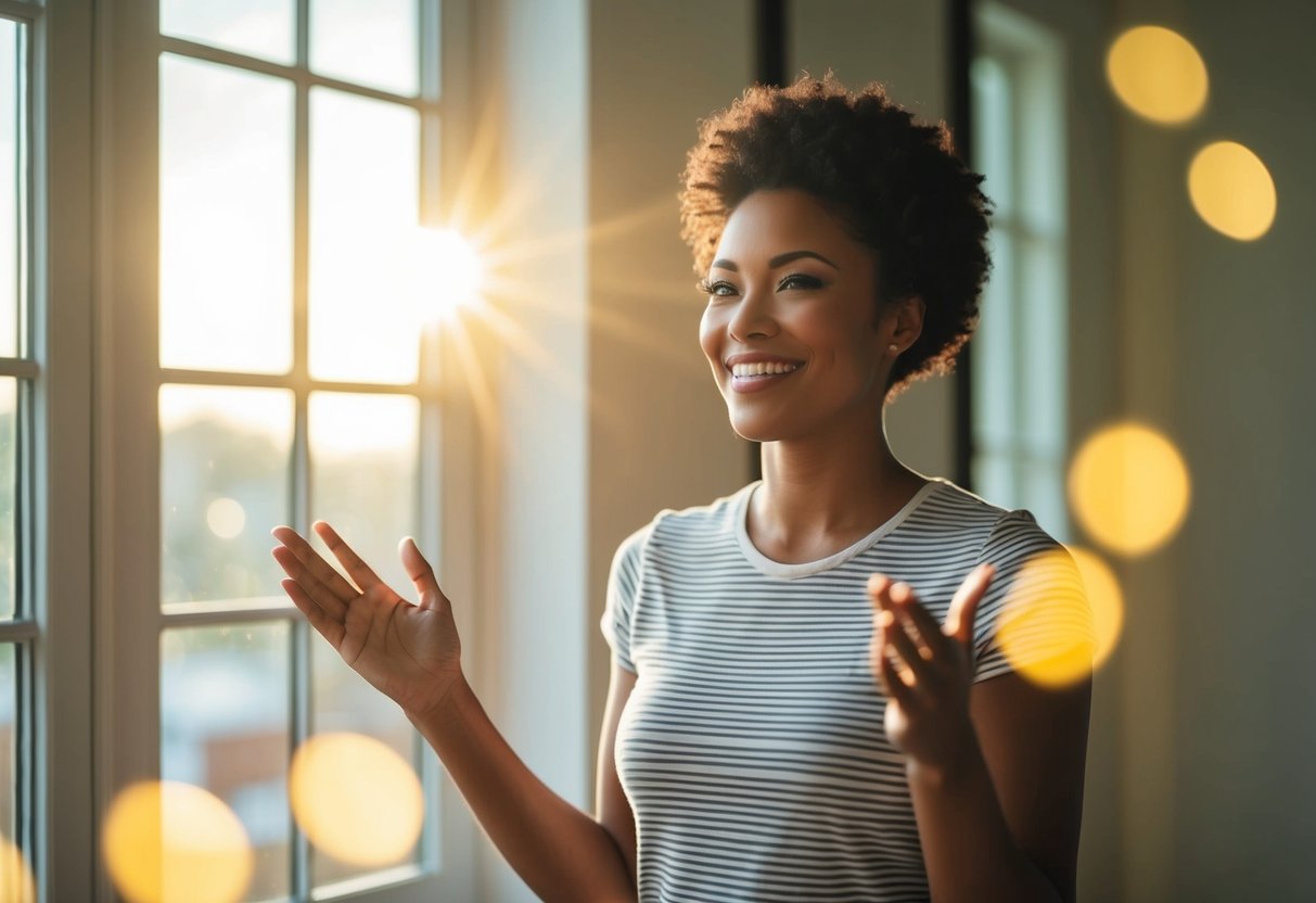 A person standing in front of a mirror, smiling and speaking positive affirmations to themselves. Sunlight streaming in through the window, casting a warm glow