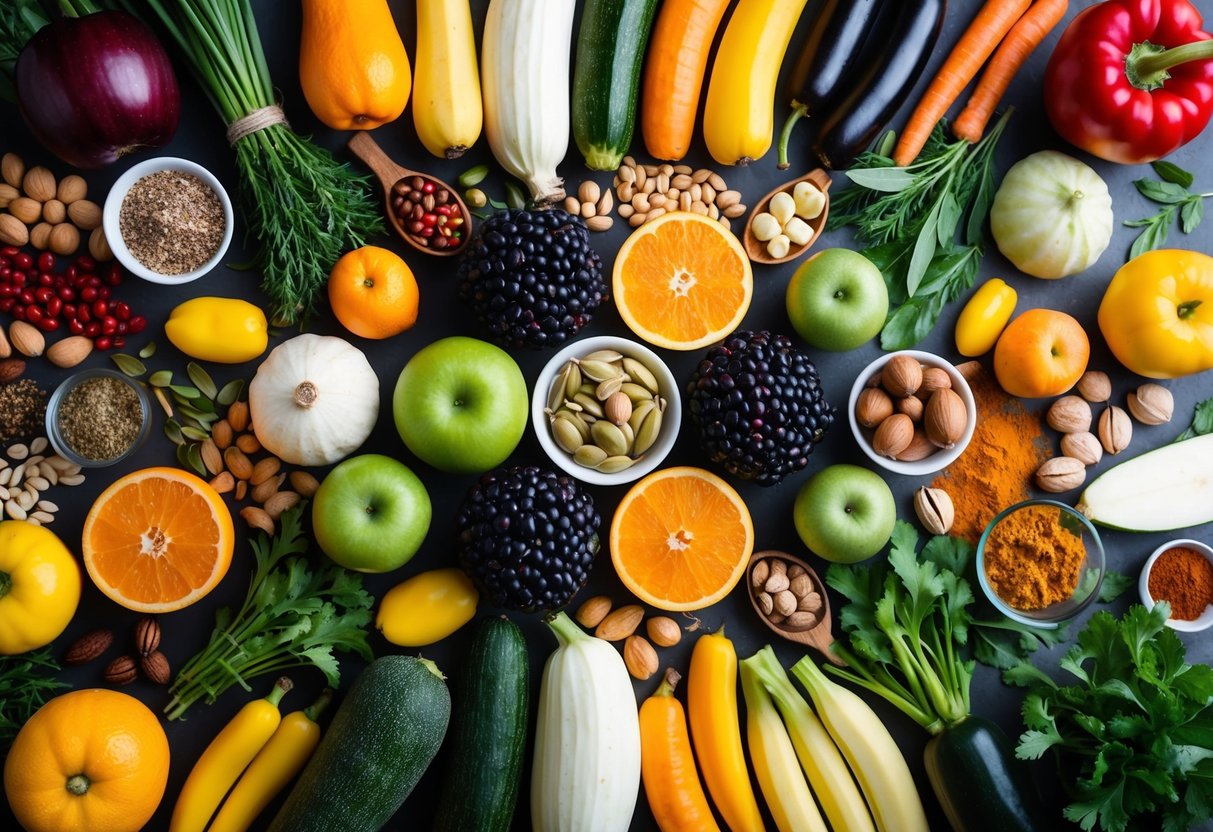 A colorful array of fruits, vegetables, nuts, and seeds arranged on a table, with a variety of spices and herbs scattered around them