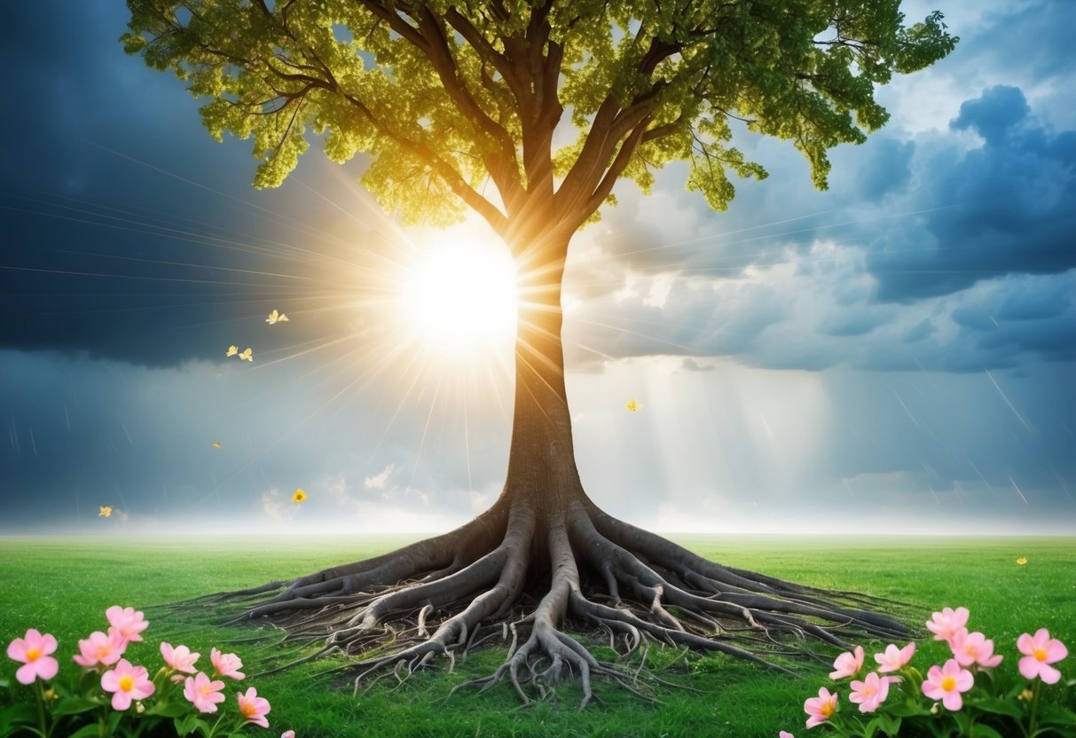 A tree growing strong roots amidst a storm, surrounded by blooming flowers and a radiant sun