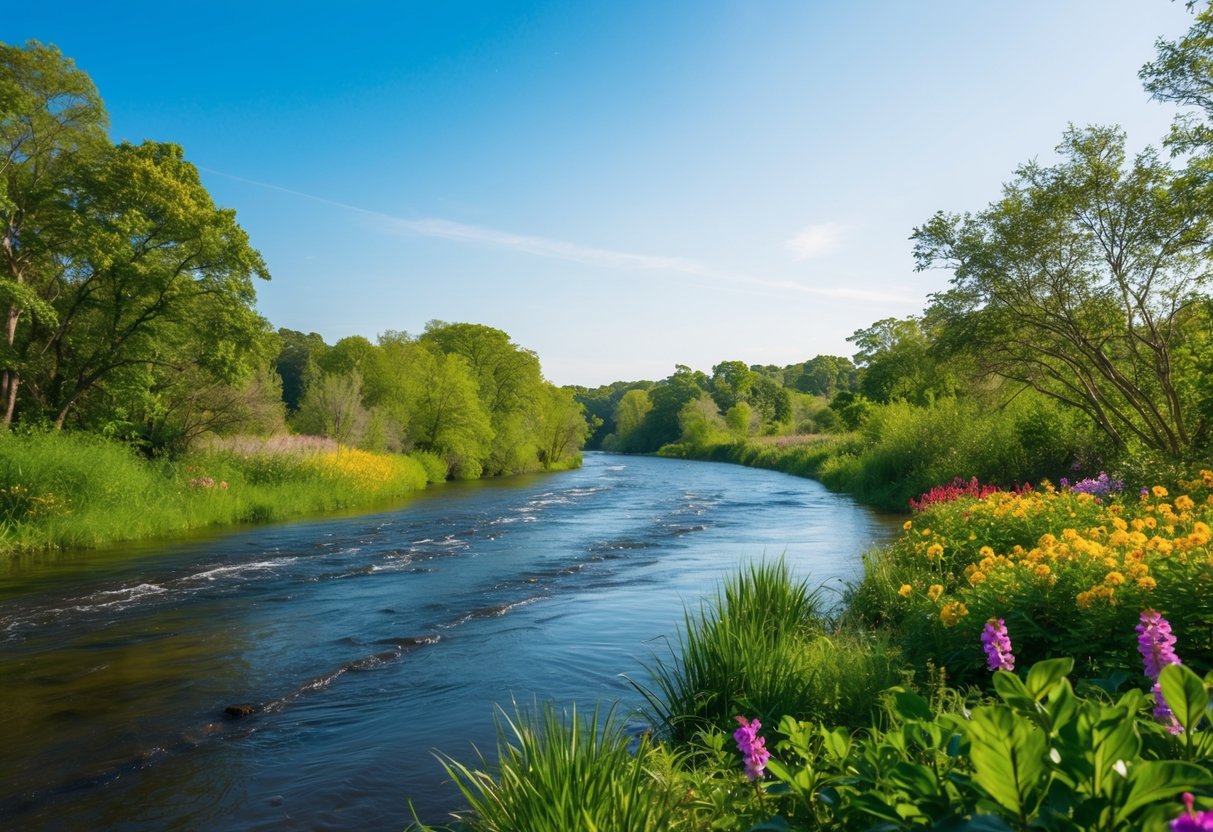 A serene nature scene with a calm, flowing river surrounded by lush greenery and colorful flowers, with a clear blue sky overhead