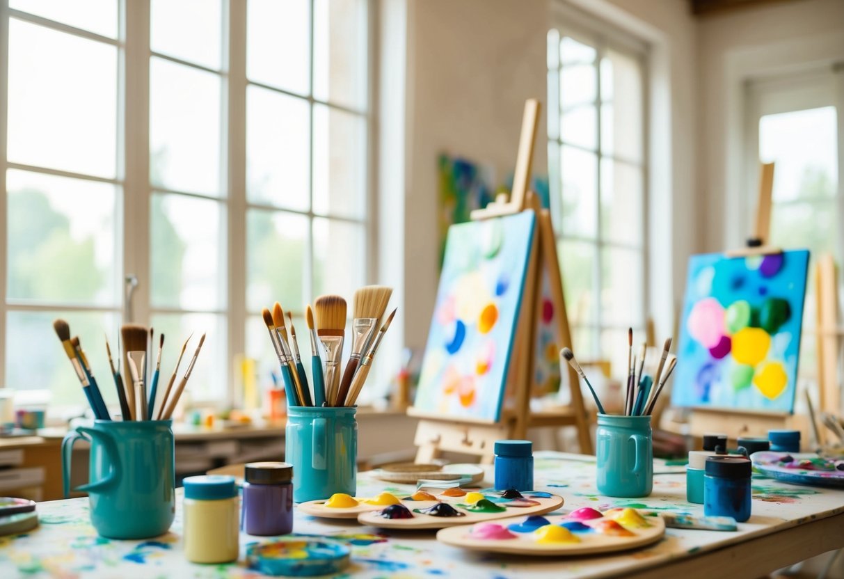 A cozy art studio with colorful paint palettes, brushes, and canvases scattered around. Soft natural light filters in through large windows, creating a peaceful and inspiring atmosphere