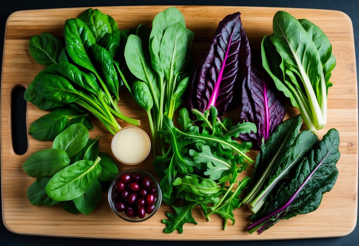 A variety of vibrant leafy greens arranged on a wooden cutting board, including spinach, Swiss chard, arugula, and collard greens