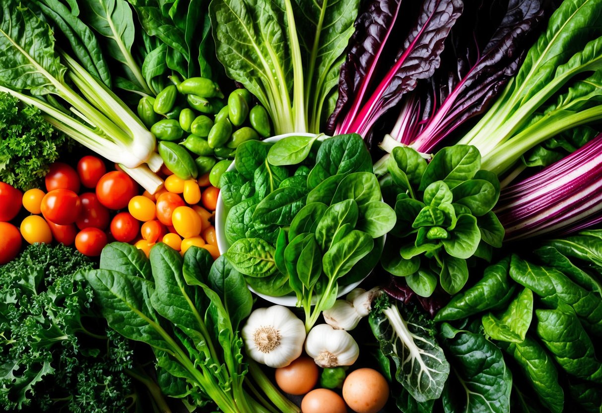 A vibrant array of nutrient-packed greens, including spinach, Swiss chard, and collard greens, arranged in a bountiful display of health and wellness
