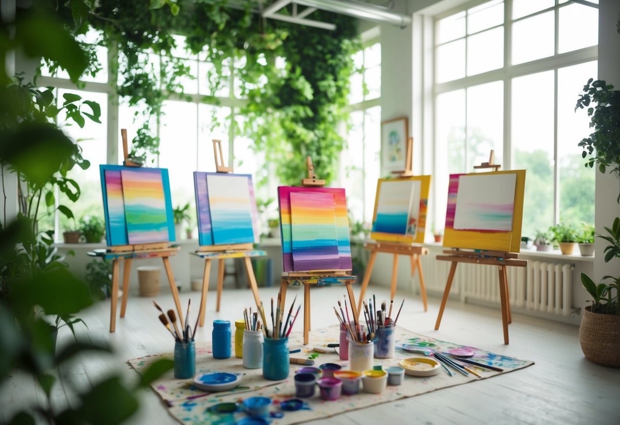 A serene art studio filled with colorful paints, brushes, and easels, surrounded by lush greenery and natural light streaming in through large windows
