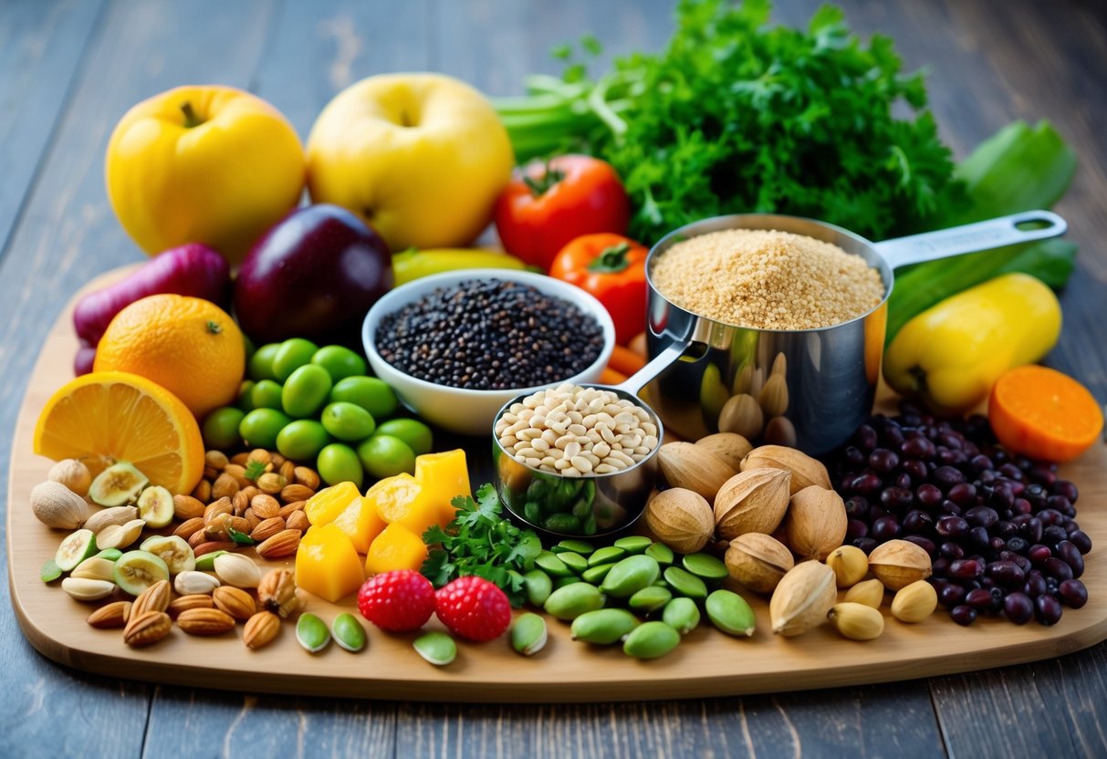 A colorful array of fresh fruits, vegetables, nuts, and seeds arranged on a wooden cutting board with a measuring cup of quinoa and a variety of legumes