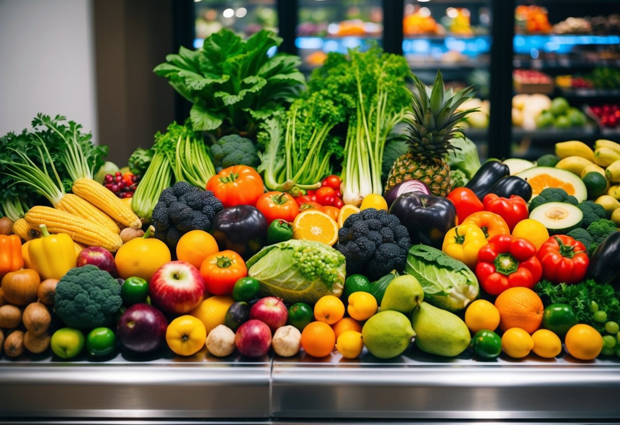 A colorful array of fruits and vegetables arranged in a bountiful display, showcasing the variety and abundance of plant-based protein and essential nutrients
