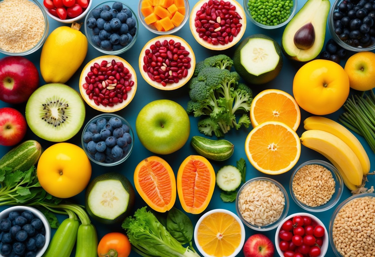 A colorful illustration of a variety of high-fiber foods, such as fruits, vegetables, whole grains, and legumes, arranged in an appealing and appetizing manner