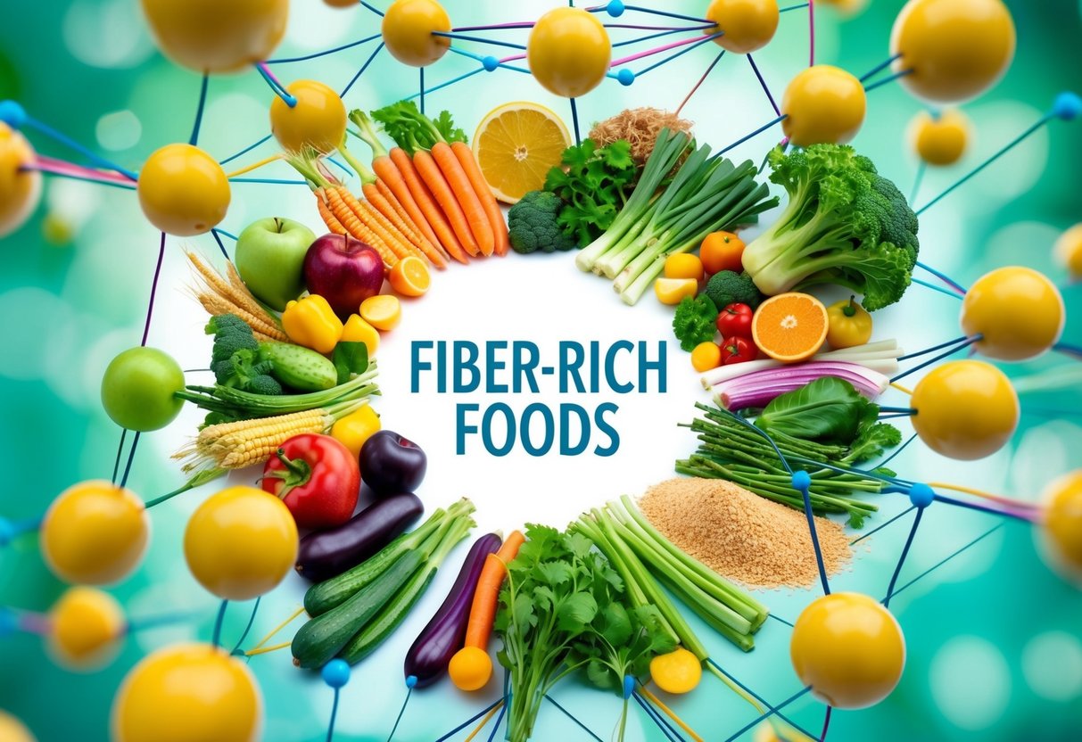 A colorful illustration of fiber-rich foods like fruits, vegetables, and whole grains, surrounded by a network of interconnected hormonal pathways