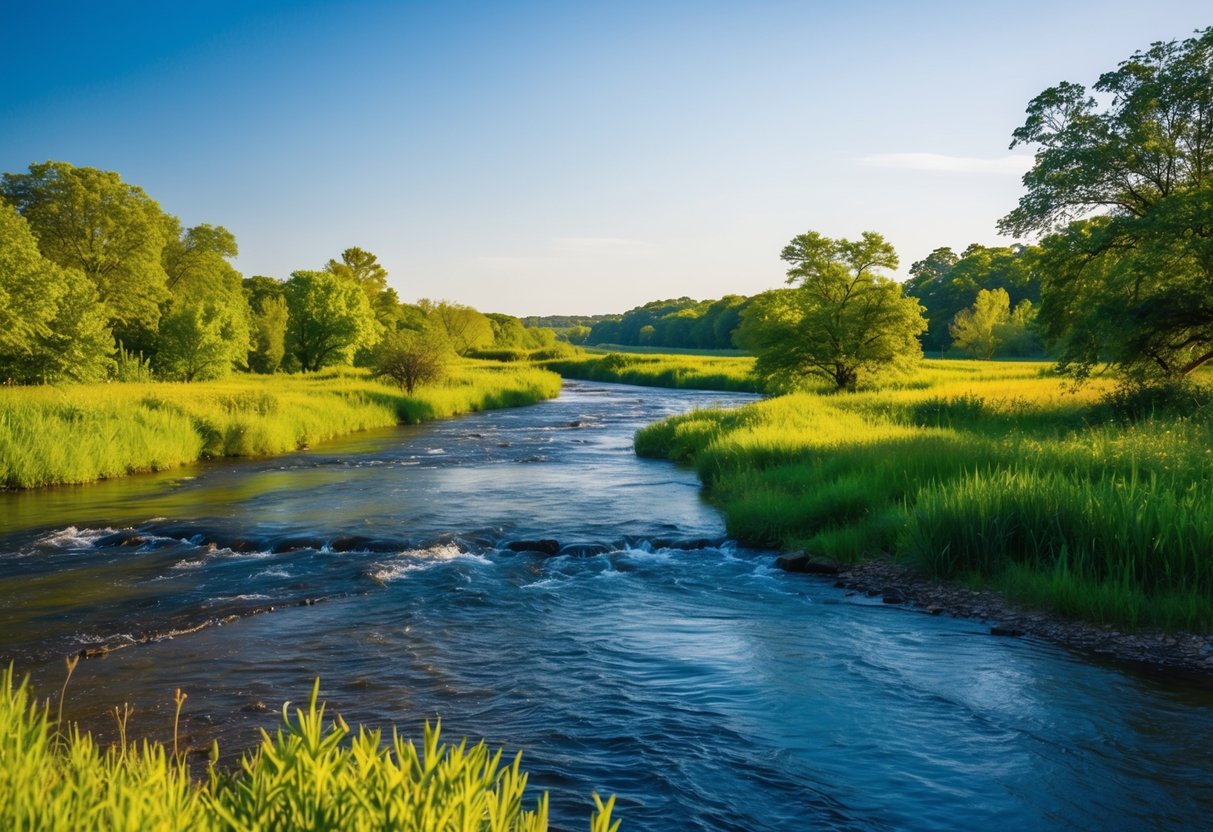 A serene landscape with a flowing river, vibrant greenery, and a clear blue sky, evoking a sense of peace and tranquility for mental health