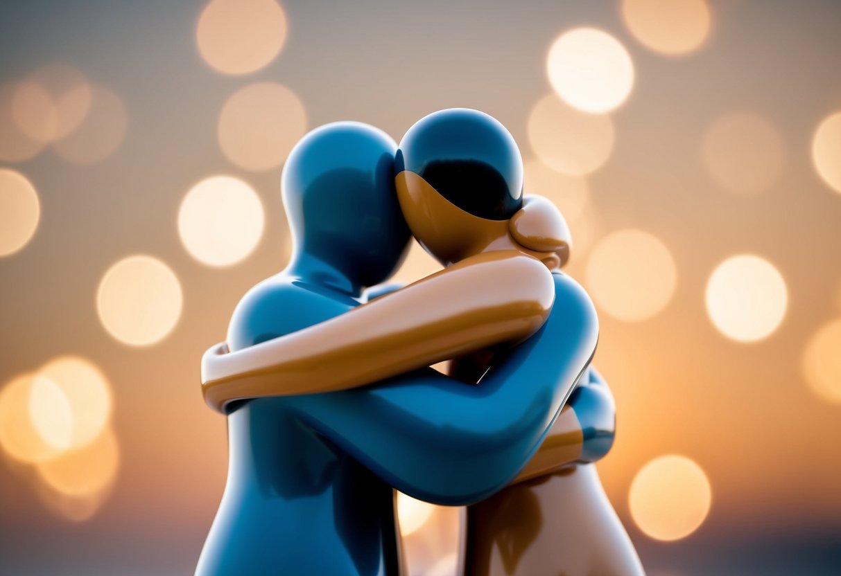 Two abstract figures embrace, their forms intertwining in a warm and comforting hug. The scene is filled with a sense of connection and emotional well-being