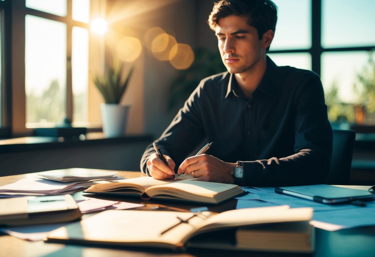 A person sitting at a desk, surrounded by scattered papers and a journal, pen in hand, with a pensive expression. Sunlight streams in through a window, casting a warm glow on the scene
