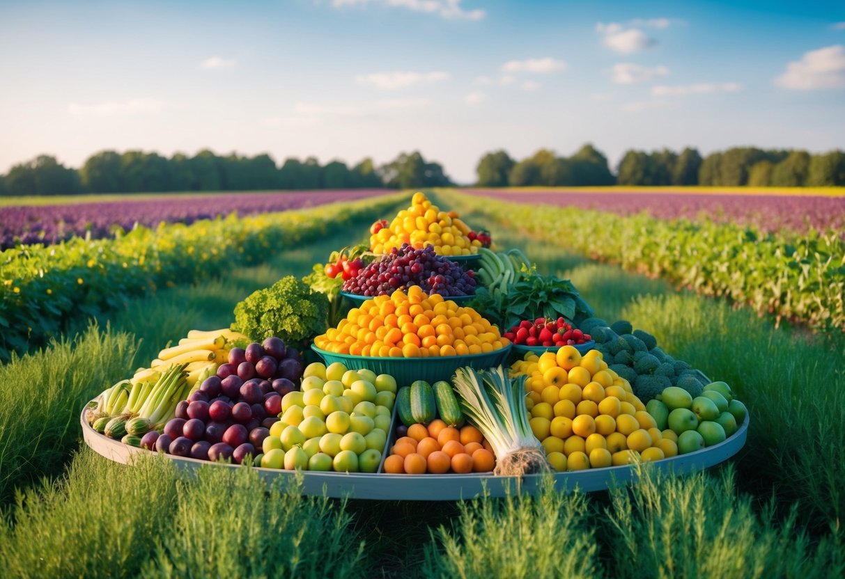 A serene, open field with a variety of colorful, fresh fruits and vegetables arranged in a visually appealing and inviting display