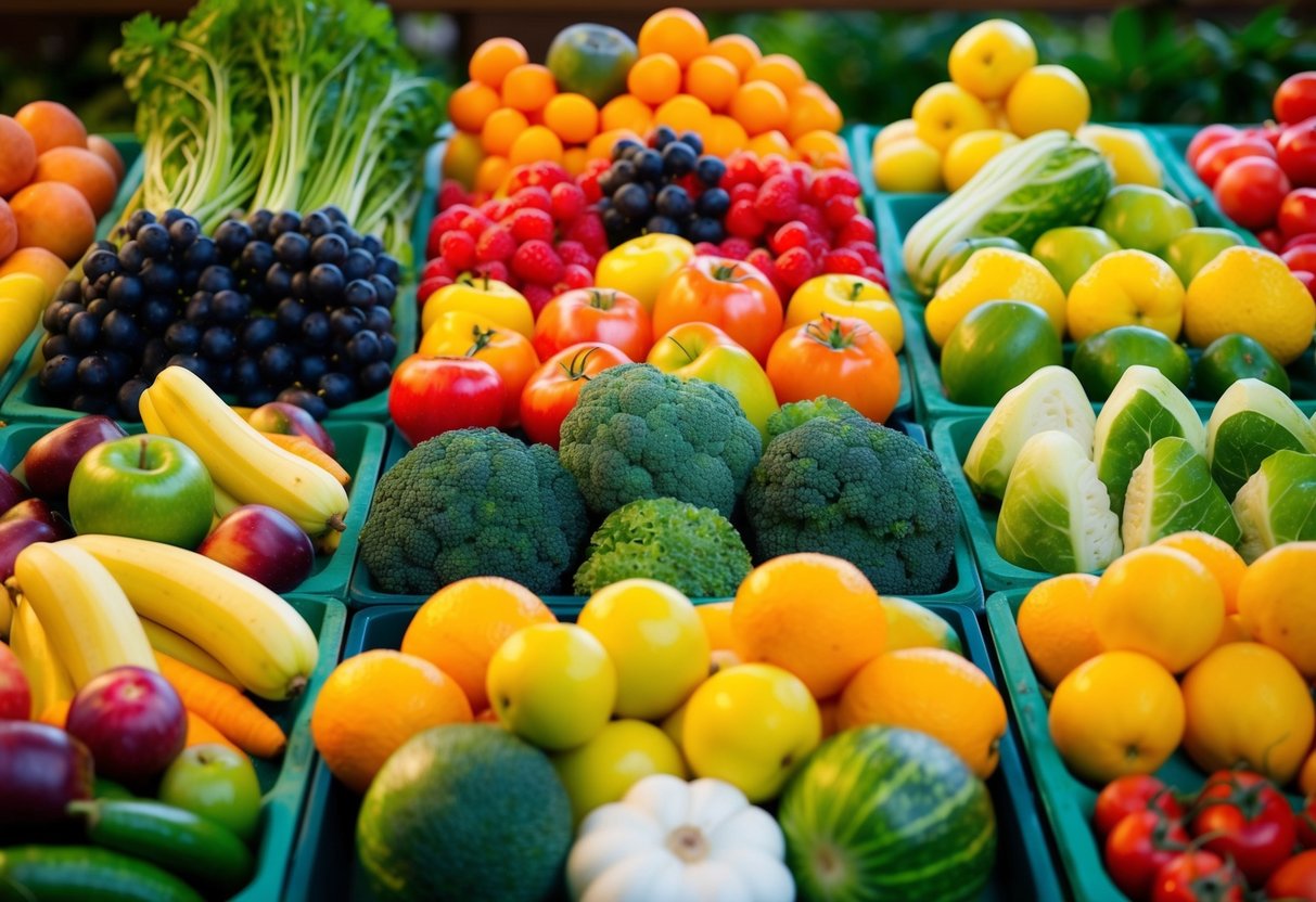 A colorful array of fruits and vegetables arranged in a balanced and inviting display, with a sense of harmony and mindfulness