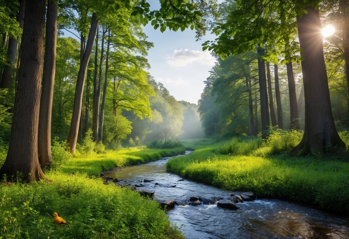 A serene forest clearing with a flowing stream, surrounded by tall trees and lush greenery. A peaceful atmosphere with birds chirping and sunlight filtering through the leaves