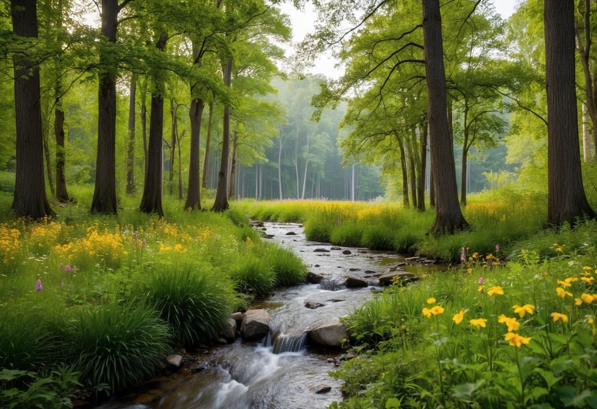 A serene forest clearing with a trickling stream, surrounded by tall trees and colorful wildflowers. A gentle breeze rustles the leaves, creating a peaceful atmosphere for meditation and mindfulness