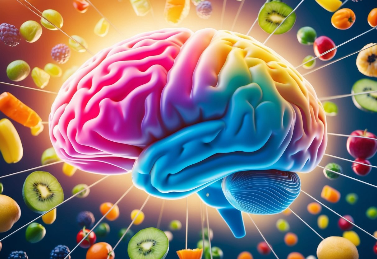 A vibrant brain surrounded by a network of colorful, nutrient-rich foods, illustrating the impact of nutrition on mental resilience