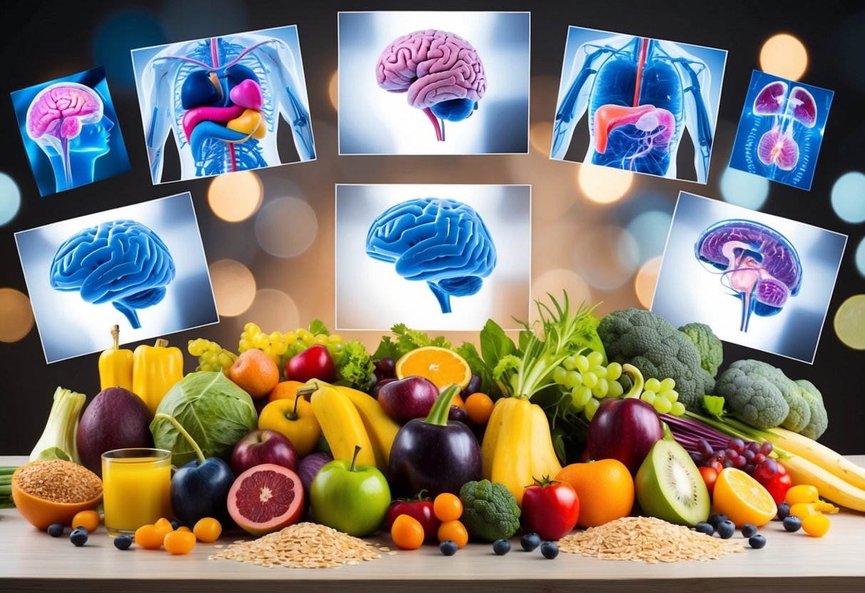 A table with a variety of colorful fruits, vegetables, and whole grains, surrounded by images of the brain and digestive system