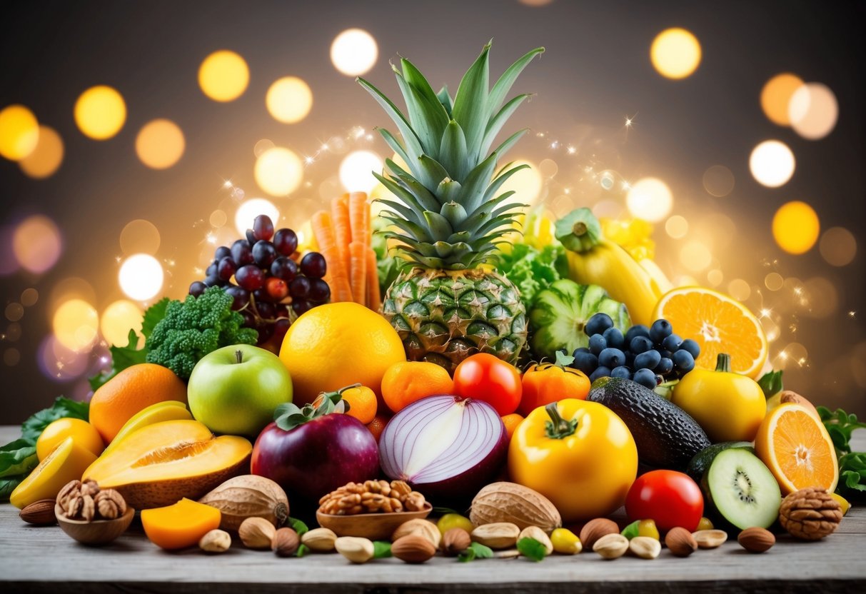 A colorful array of fruits, vegetables, and nuts, bursting with vitamins and minerals, surrounded by a glowing aura of happiness