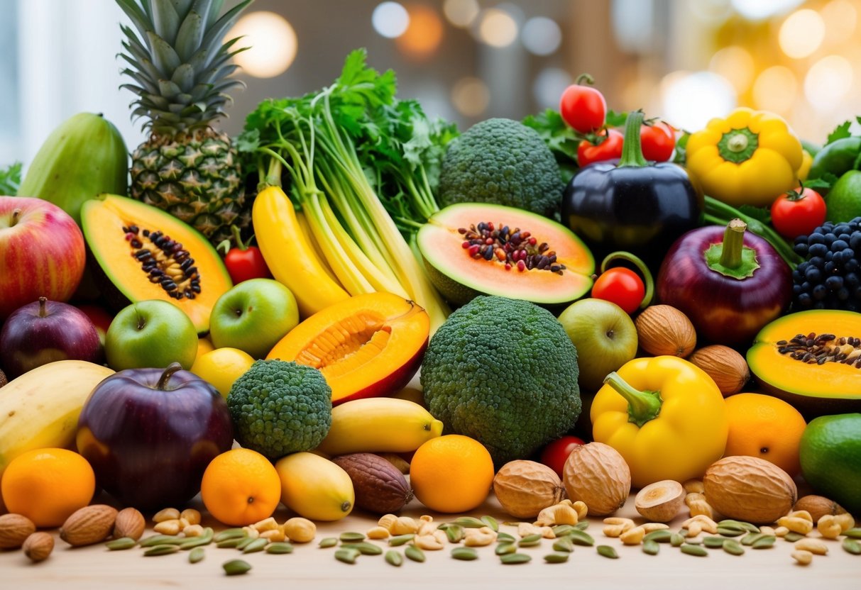 A colorful array of fruits, vegetables, nuts, and seeds arranged on a table, radiating a sense of vitality and well-being