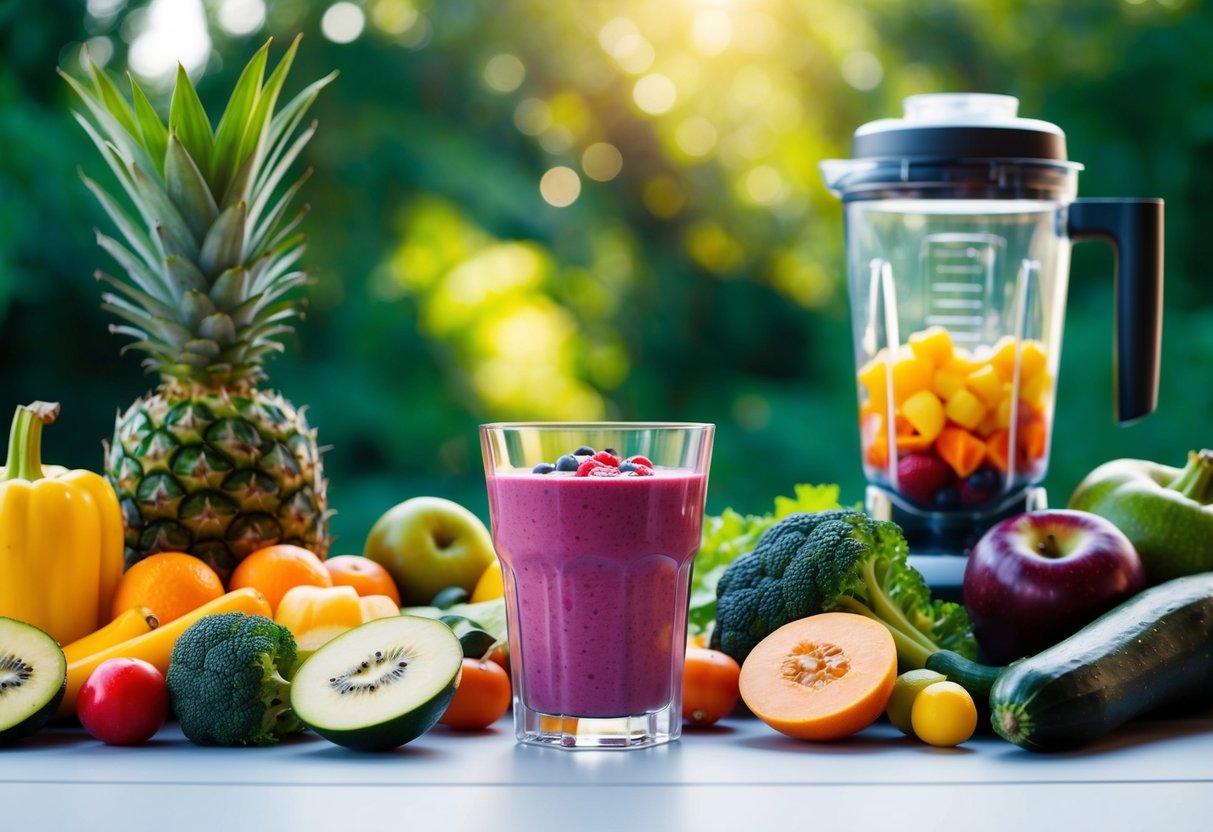 A tranquil scene with a variety of fresh fruits and vegetables, a blender, and a glass filled with a vibrant, nutrient-packed smoothie