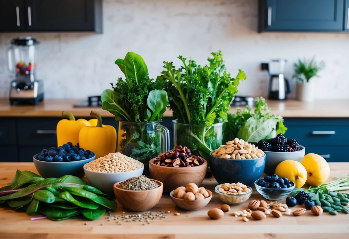 A colorful array of superfood ingredients arranged on a kitchen counter, including leafy greens, berries, nuts, and seeds, with a blender and glass nearby