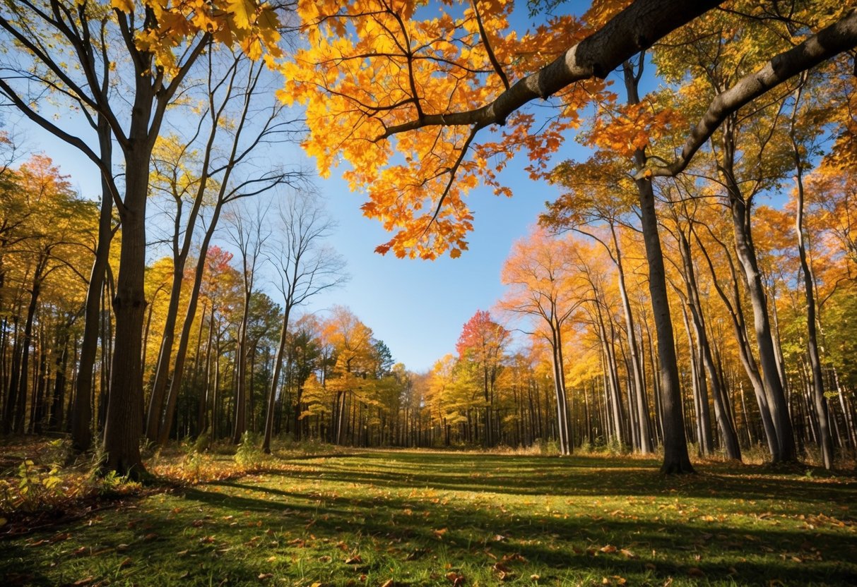 A serene forest with vibrant autumn leaves and a clear sky, showcasing the changing seasons and their impact on mental health