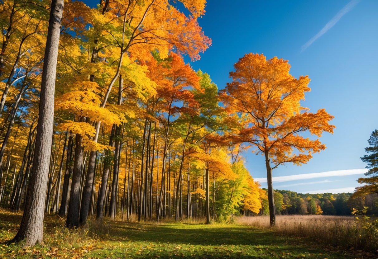 A serene forest with vibrant autumn foliage, a clear blue sky, and a gentle breeze