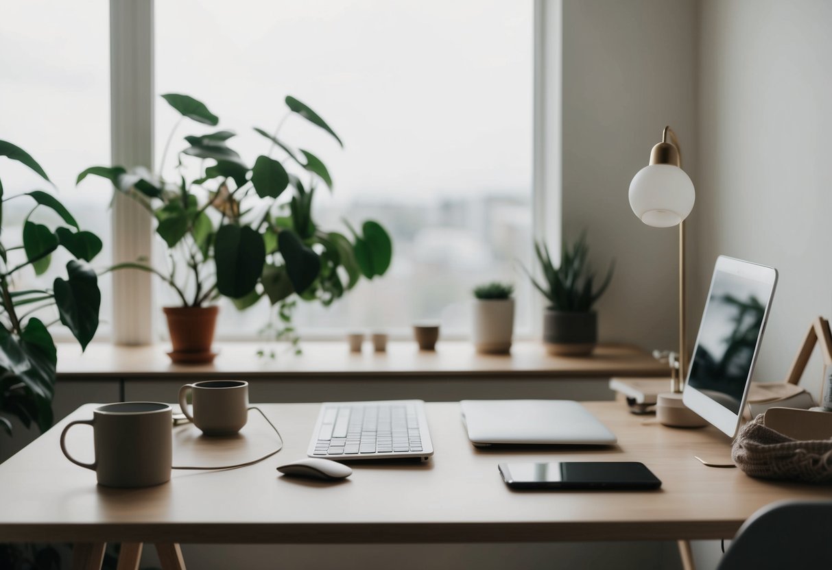 A serene and clutter-free workspace with natural elements, minimalistic decor, and a lack of electronic devices. A cozy chair and a plant add warmth to the scene
