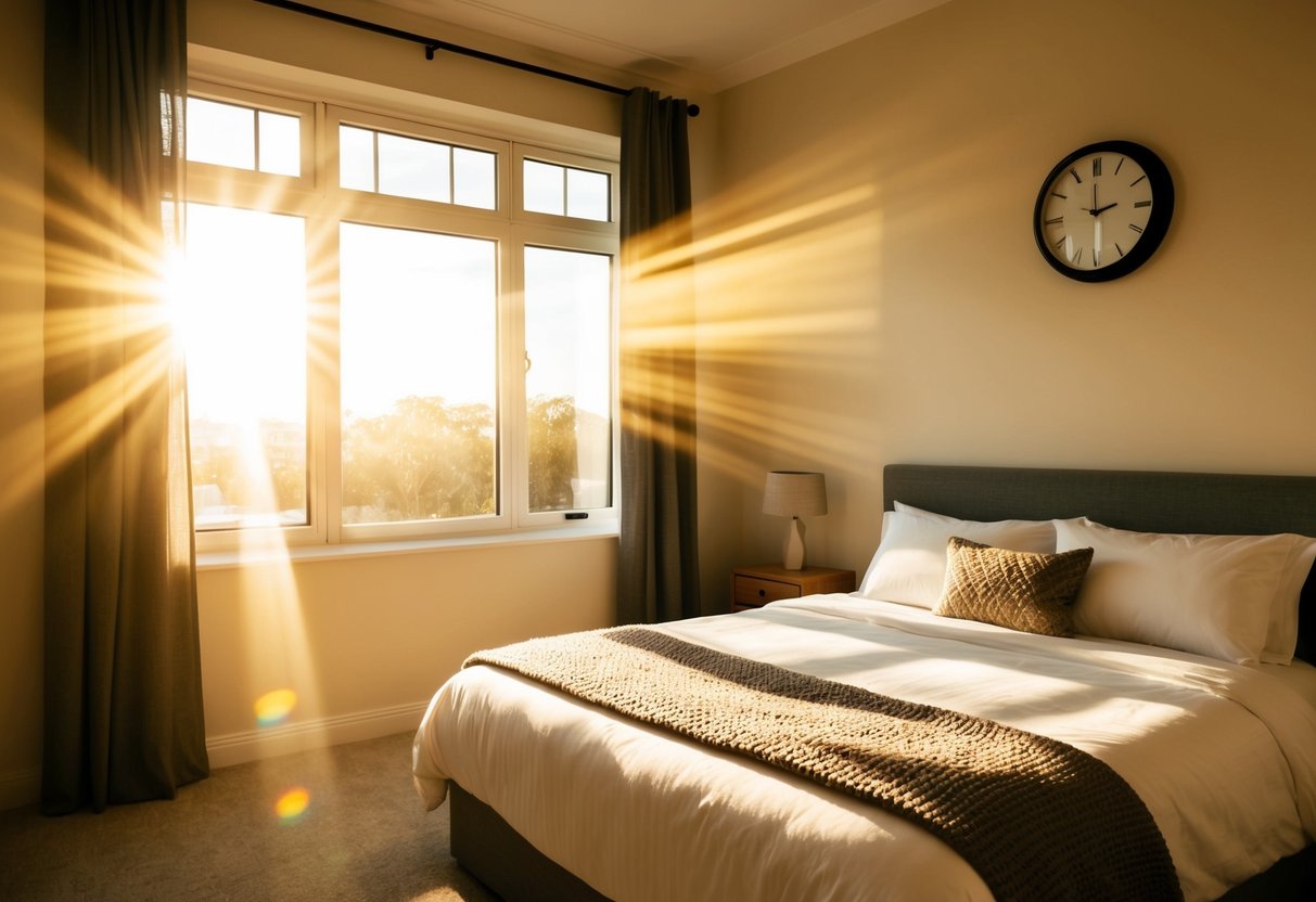 A cozy bedroom with a large window, sunlight streaming in, casting warm golden rays across the room. A clock on the wall shows the time, indicating the concept of circadian rhythms