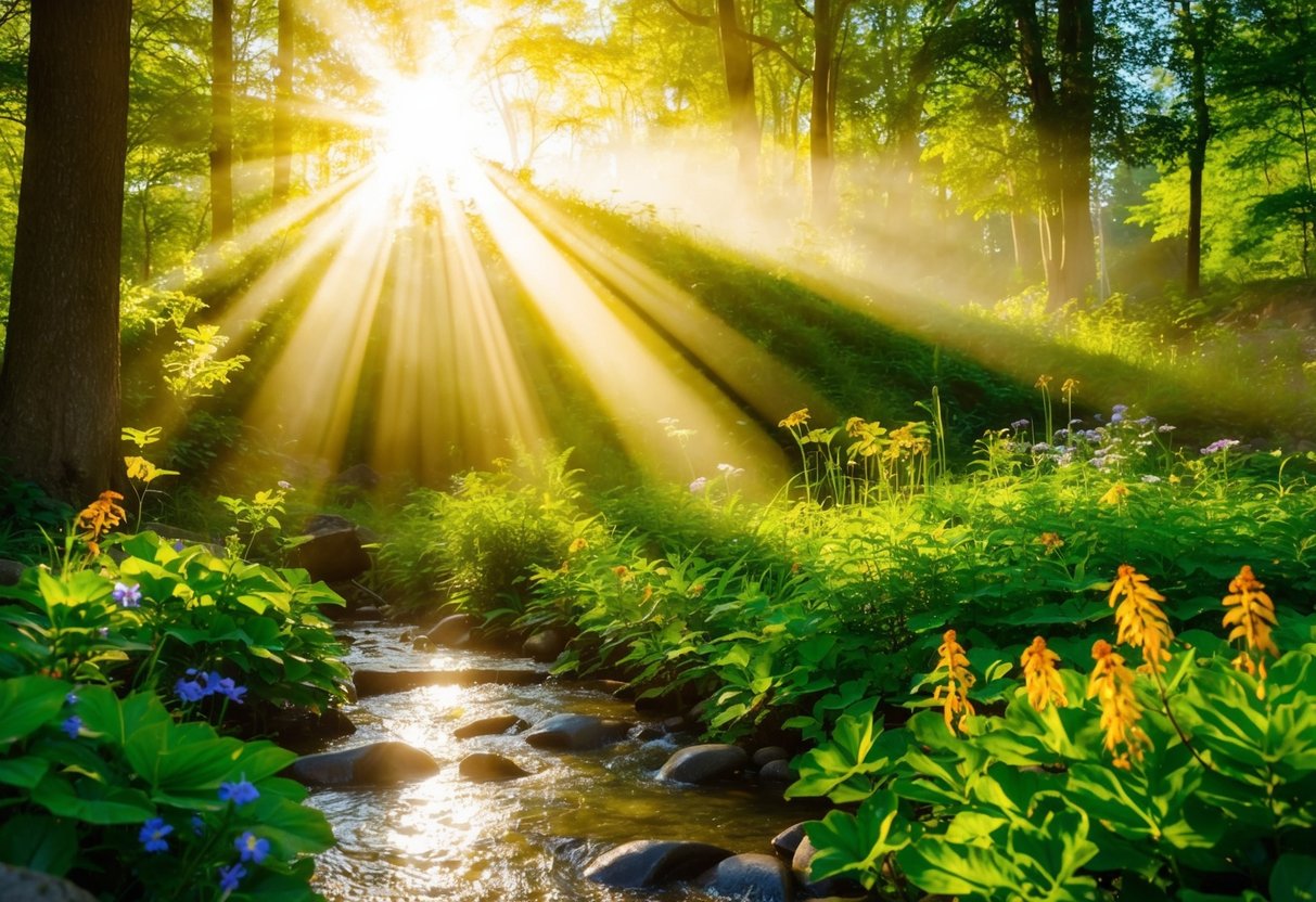 A serene forest clearing bathed in golden sunlight, with vibrant green foliage and colorful flowers. A beam of sunlight illuminates a tranquil stream, creating a sense of energy and vitality