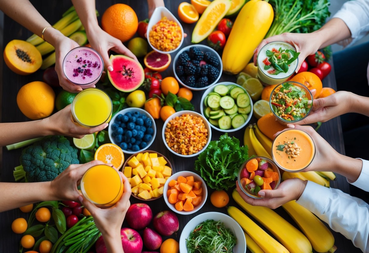 A diverse array of colorful fruits and vegetables being consumed, while vibrant probiotic-rich foods and beverages are being enjoyed