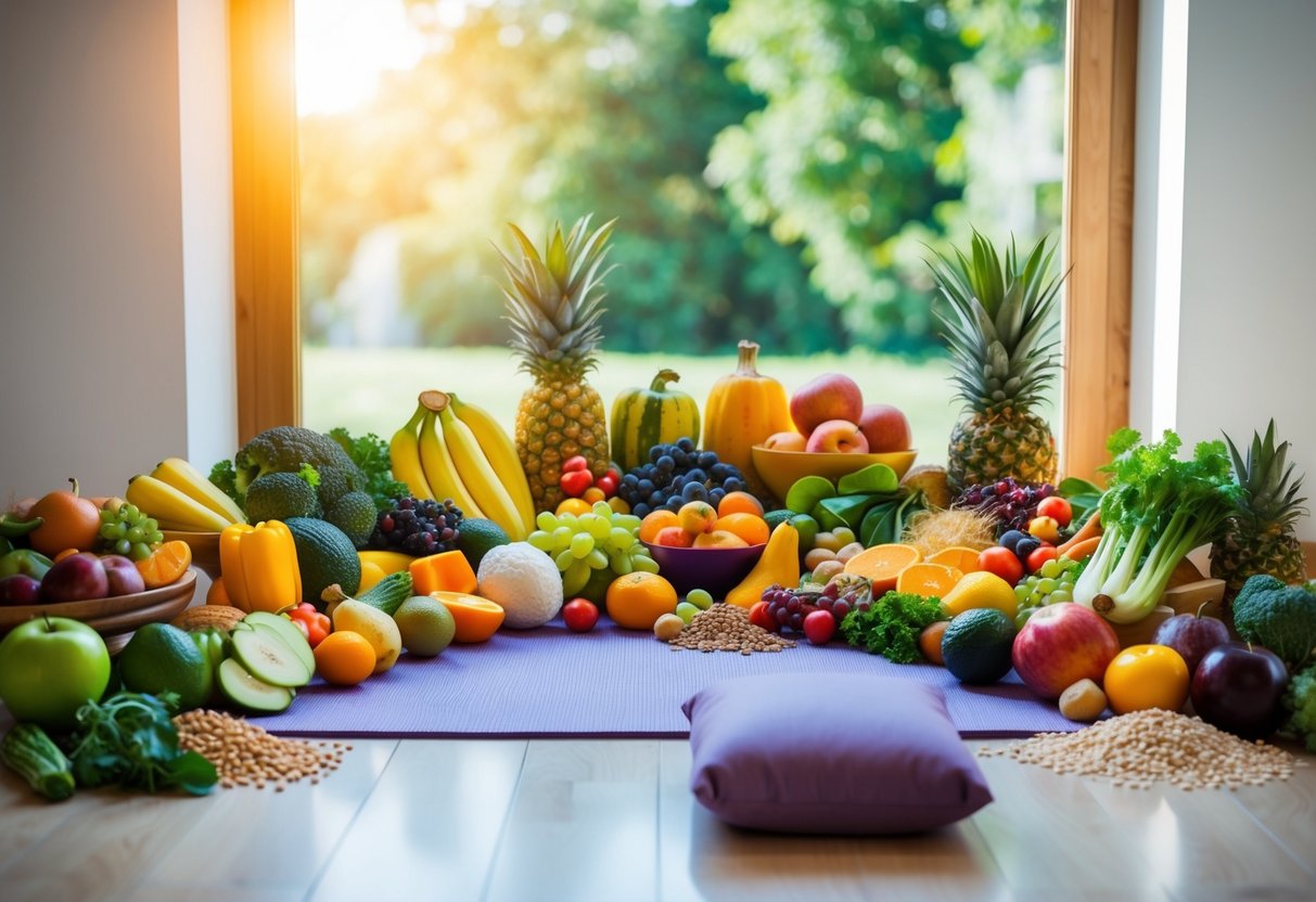 A vibrant, diverse array of fruits, vegetables, and whole grains arranged around a yoga mat and meditation cushion in a sunlit room