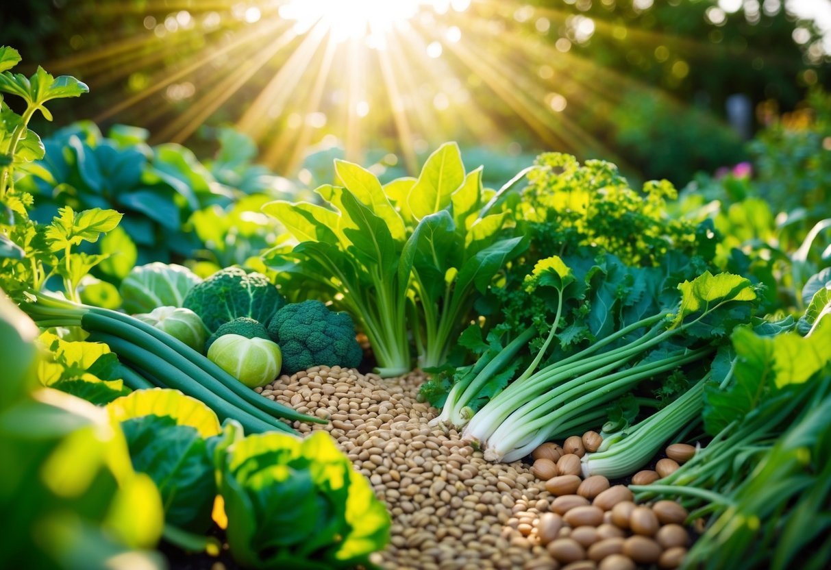 A vibrant garden bursting with leafy green vegetables, beans, lentils, and nuts, all rich in plant-based iron, surrounded by rays of sunshine