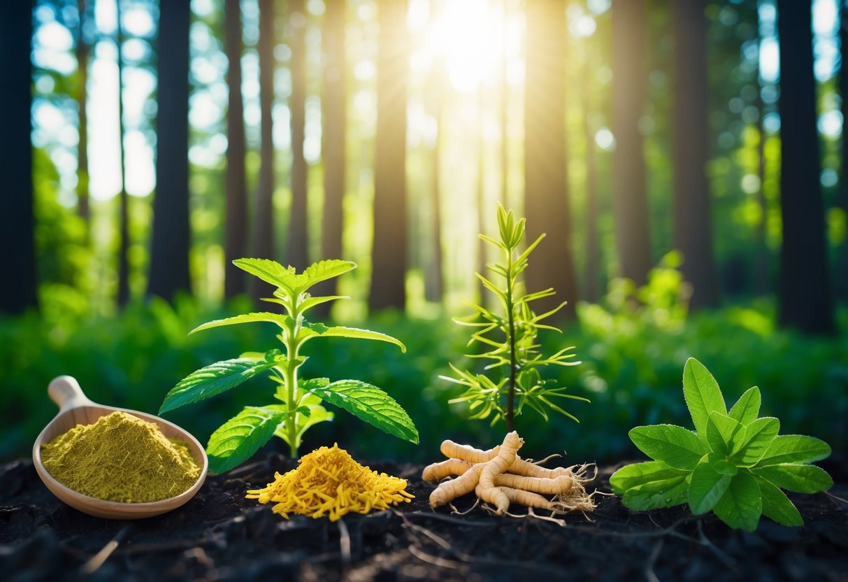 A serene forest with sunlight filtering through the trees, showcasing various adaptogenic plants such as rhodiola, ashwagandha, and ginseng growing harmoniously