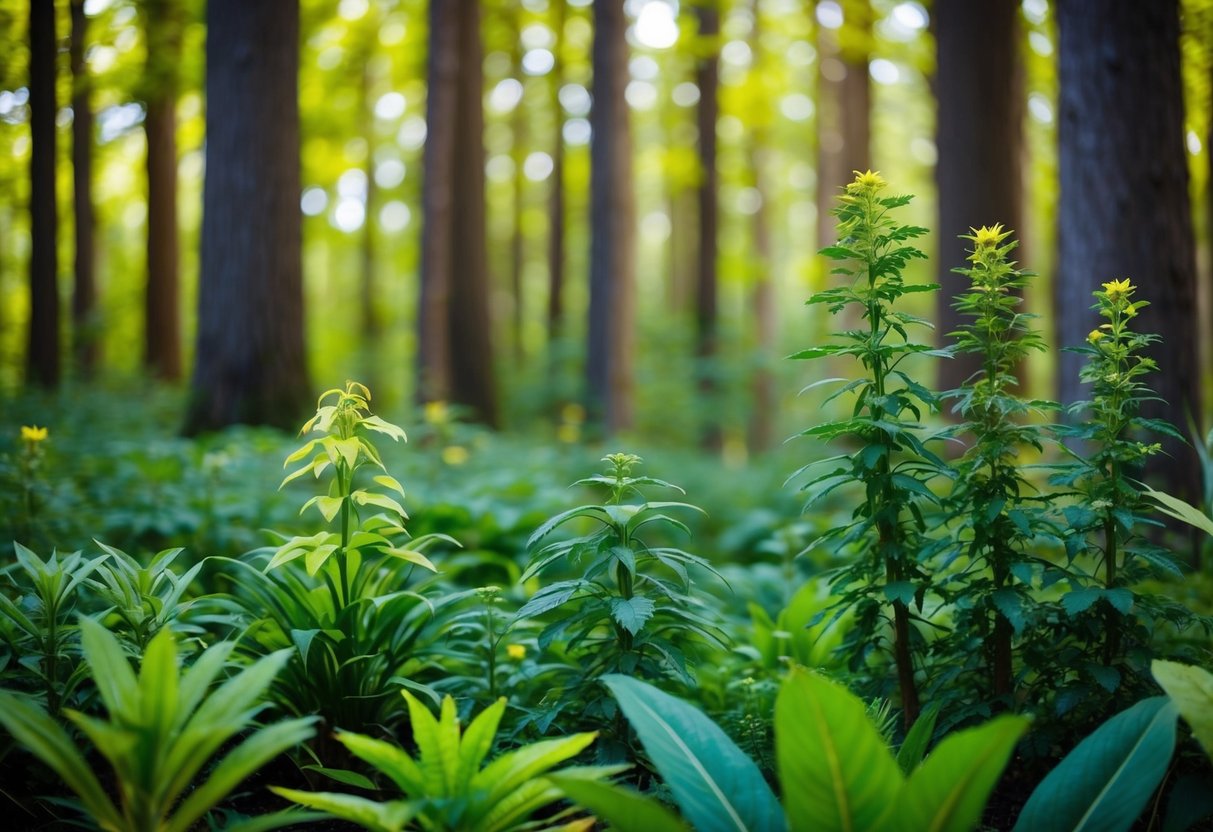 A serene forest with a variety of vibrant, medicinal plants growing among the trees, conveying a sense of calm and balance