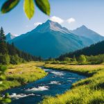 A serene mountain landscape with a clear blue sky, surrounded by lush greenery and a flowing river, evoking a sense of peace and mental clarity