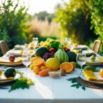 A serene, sunlit table set with a colorful array of whole fruits, vegetables, and grains, surrounded by lush greenery and natural elements