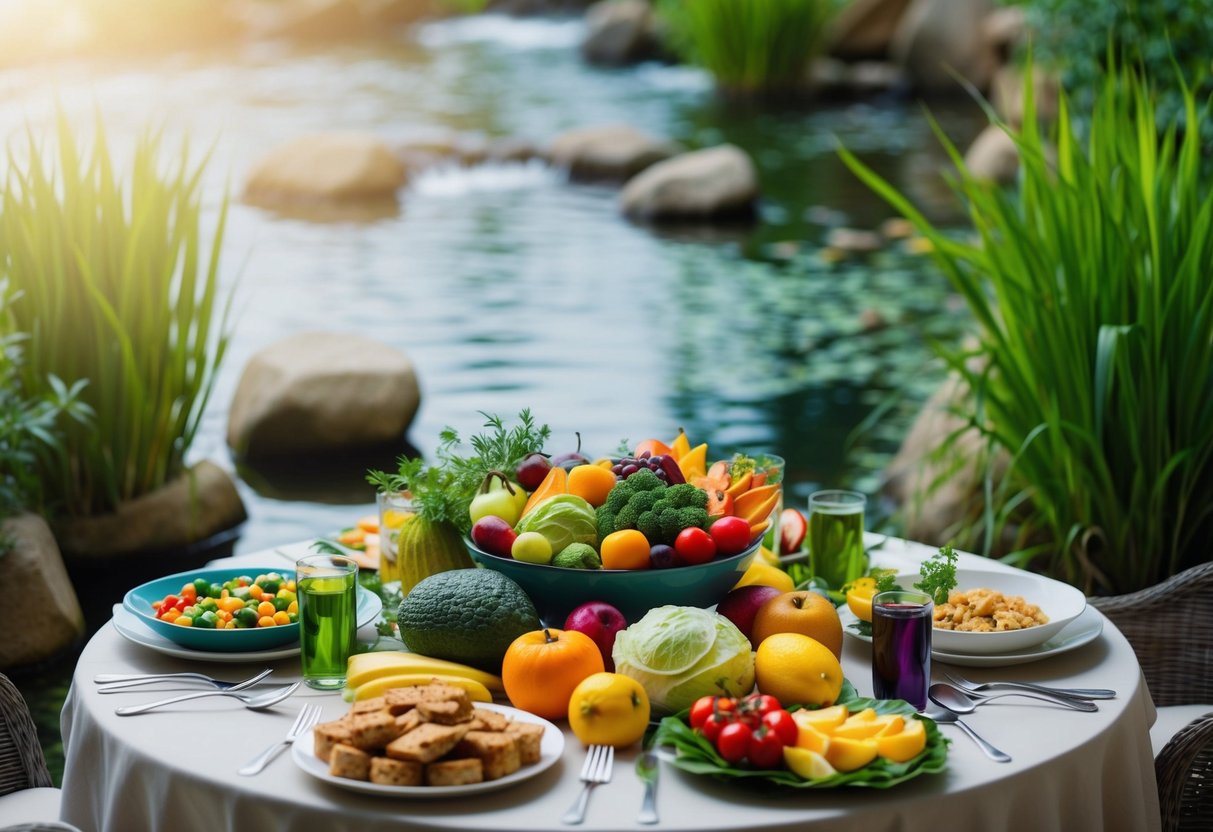 A table set with a variety of colorful, fresh whole foods, surrounded by serene natural elements like plants and water