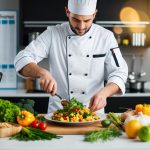 A chef using fresh ingredients to create a colorful and nutritious dish, surrounded by cooking utensils and scientific nutritional charts