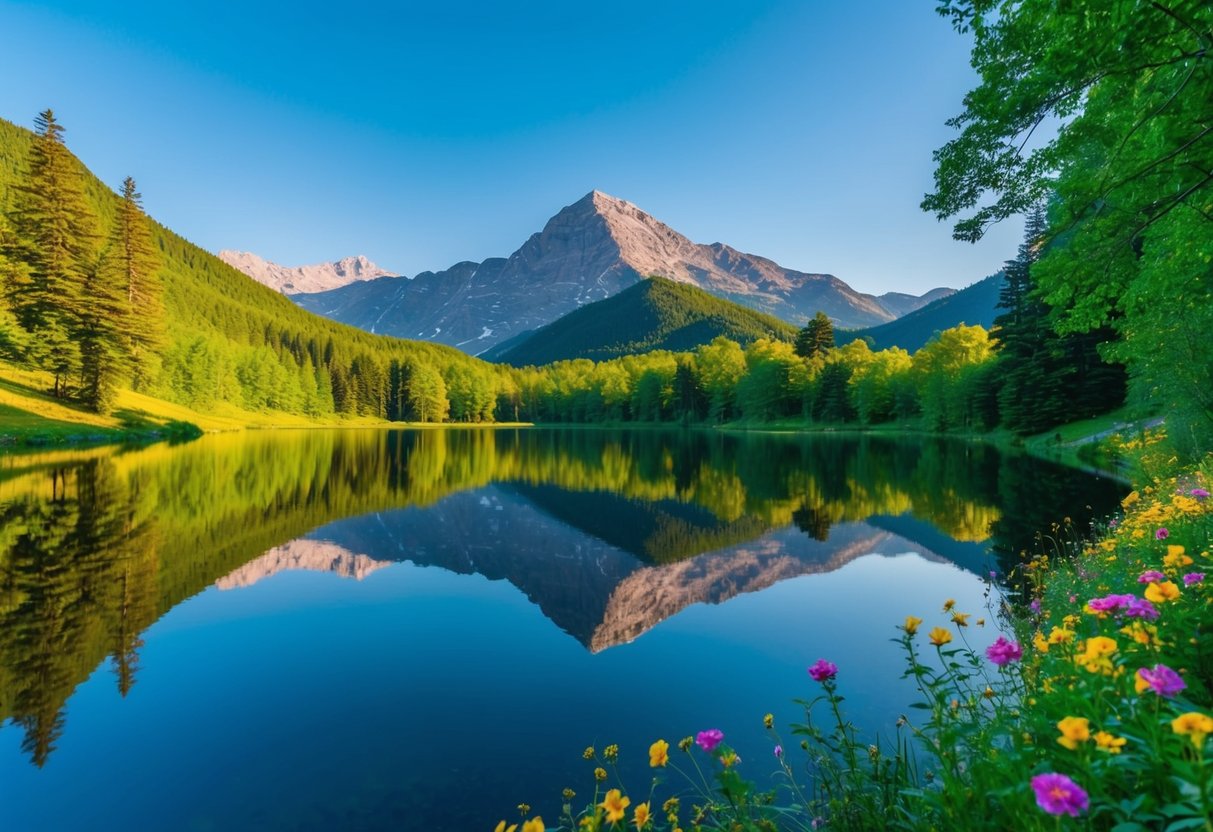 A serene mountain landscape with a clear blue sky, reflecting in a calm lake, surrounded by vibrant green trees and colorful flowers