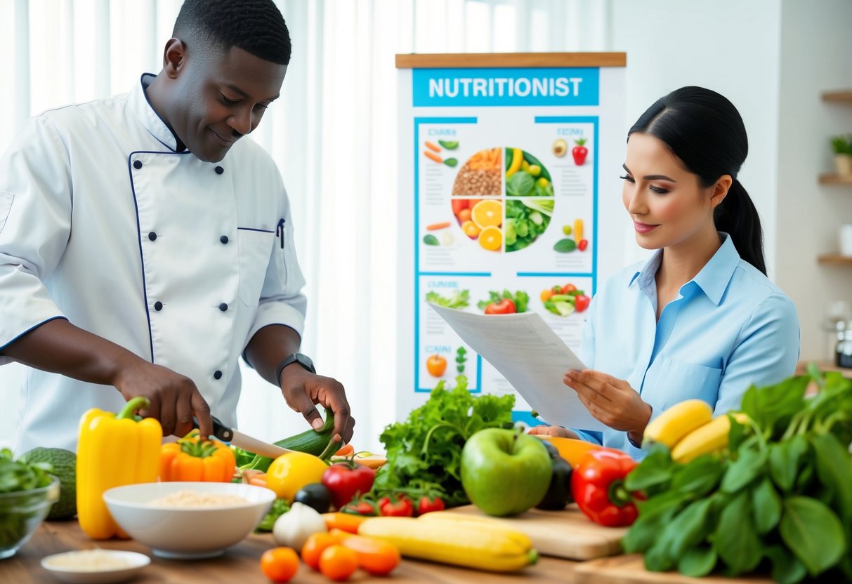 A chef preparing fresh, colorful ingredients while a nutritionist studies a chart of food groups