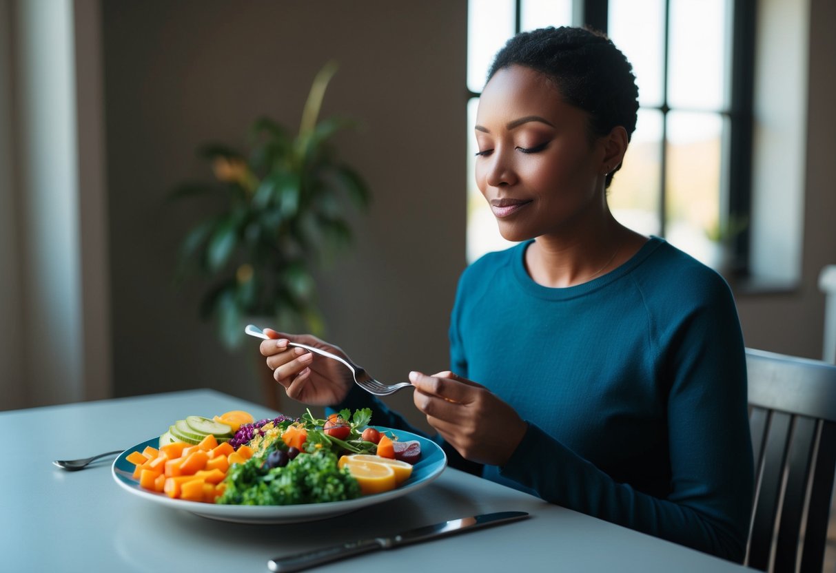 A serene person sitting at a table, savoring a colorful, balanced meal, with a peaceful expression and a sense of mindfulness