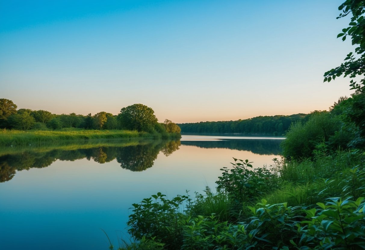 A serene natural landscape with a clear blue sky, a calm body of water, and lush greenery, evoking a sense of peace and mental clarity