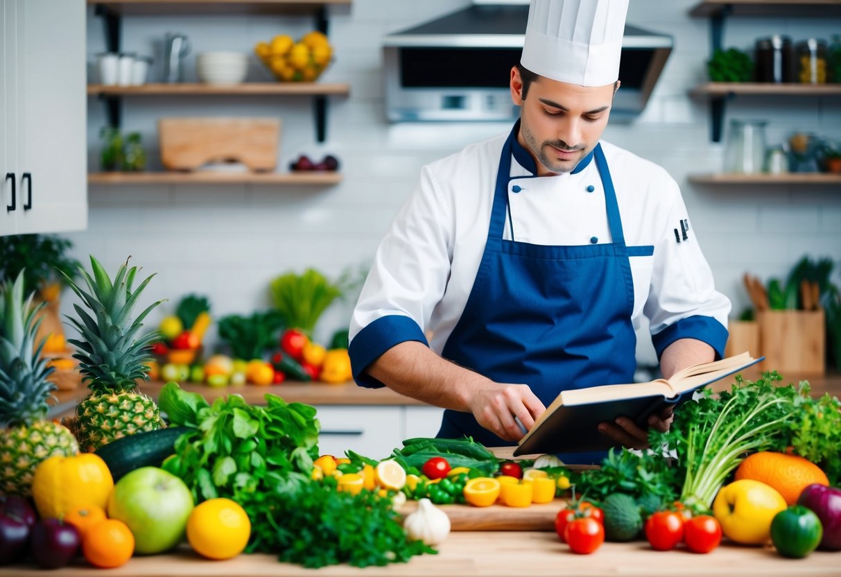 A kitchen filled with fresh fruits, vegetables, and herbs. A chef prepares colorful, nutritious dishes while referencing a book on culinary medicine