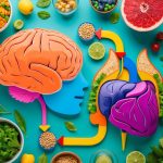 A colorful illustration of a brain and digestive system connected by a pathway, surrounded by various nutrient-rich foods and vibrant natural elements