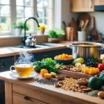 A cozy kitchen with a table filled with colorful fruits, vegetables, nuts, and seeds. A pot of soup simmers on the stove, and a warm cup of herbal tea sits on the counter. Sunlight streams in through the window