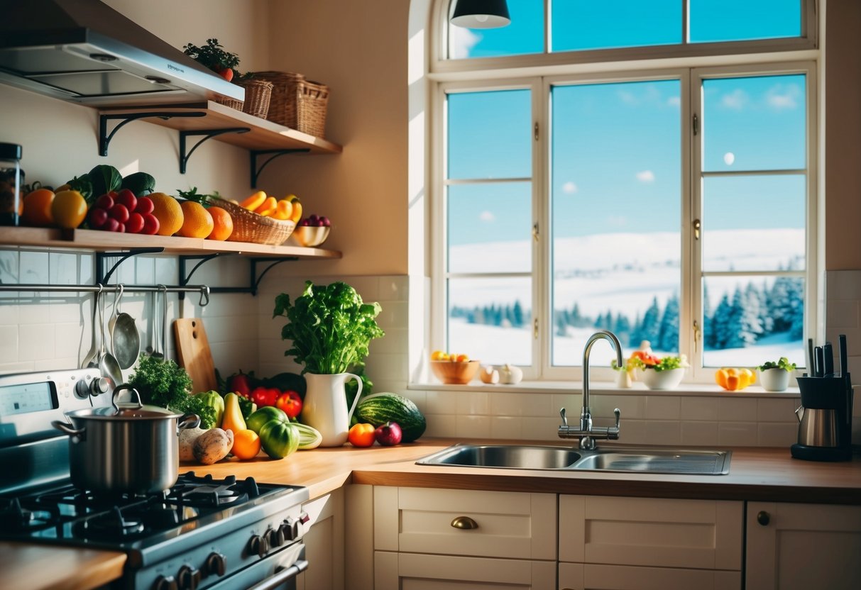 A cozy kitchen with shelves of colorful fruits and vegetables, a steaming pot on the stove, and a bright window overlooking a snowy landscape